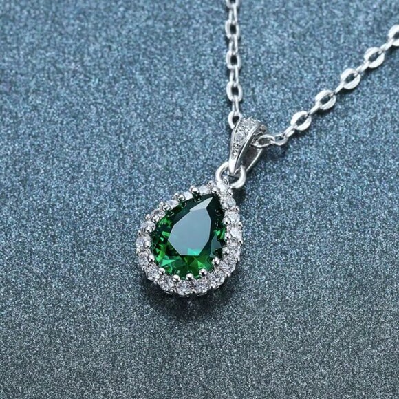 14k White Gold Pendant Color Necklace. SKU: NK3603W45EA  NEW 14k White Gold Emerald Diamond Necklace Tear Drop Pear Cut Pendant